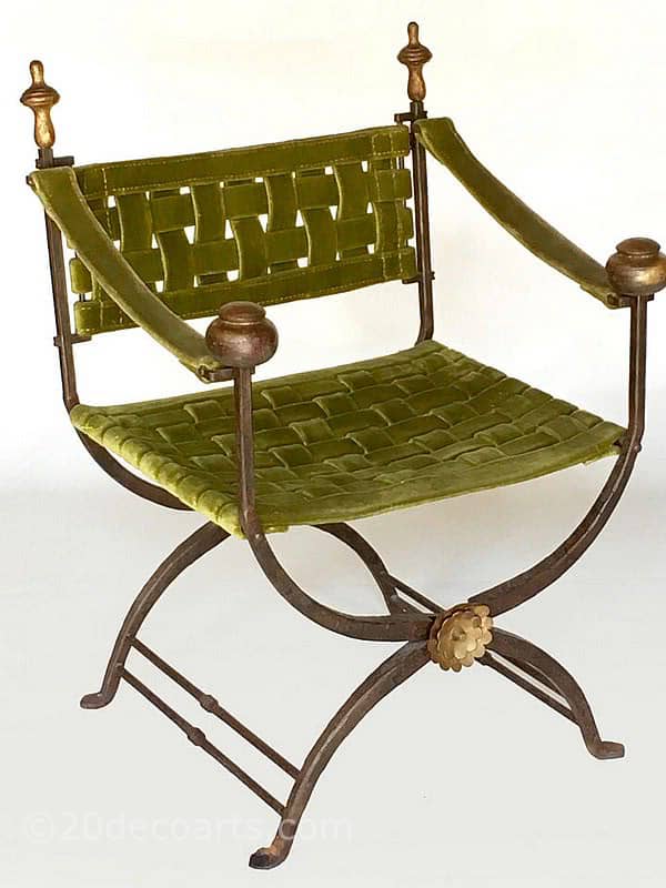  20th Century Decorative Arts |Savonarola ( Curule ) chair - A wonderful 1920's / 30's example with a wrought iron X-frame