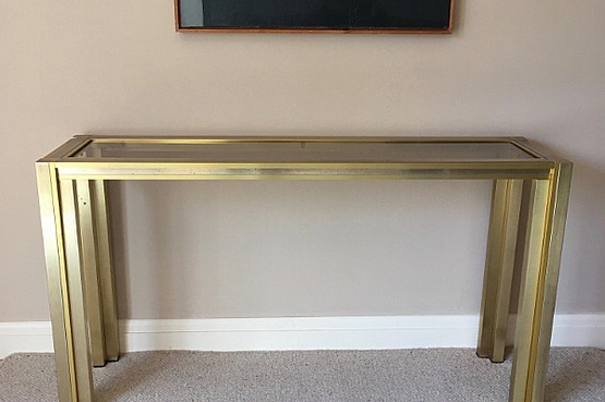 ☑️ Italian Brass Console Table, stepped square section brass frame 