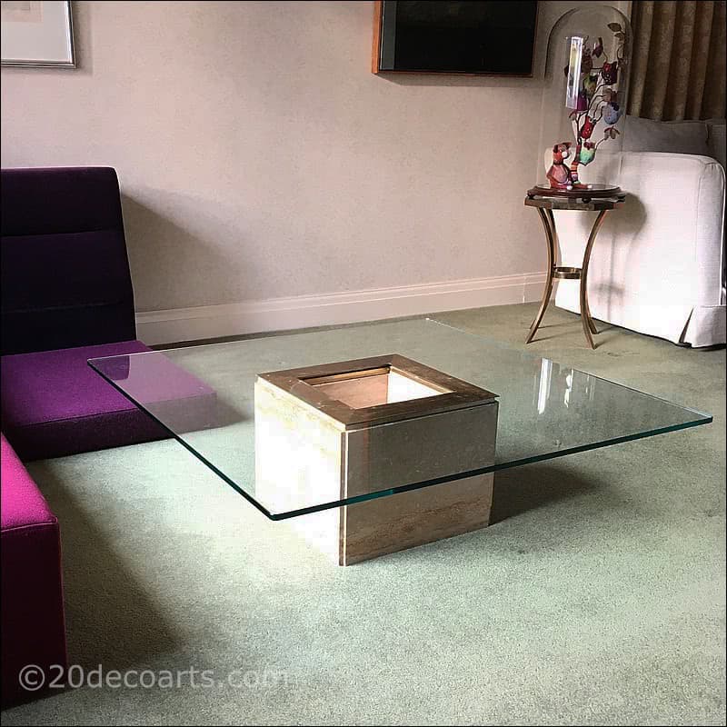 Travertine marble and glass coffee / cocktail table  1970s