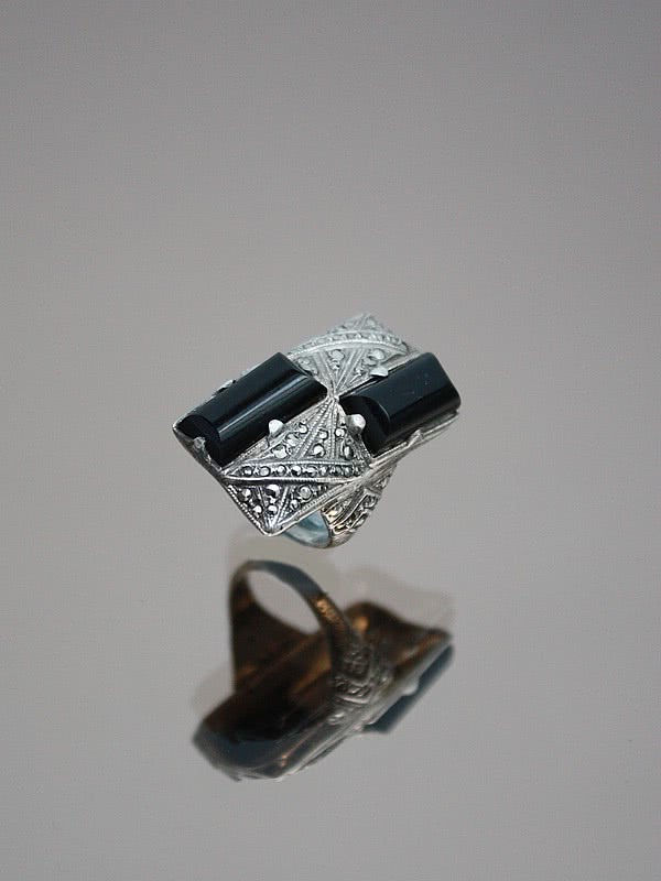  20th Century Decorative Arts |An Art Deco sterling silver, marcasite and onyx ring Germany circa 1920s.