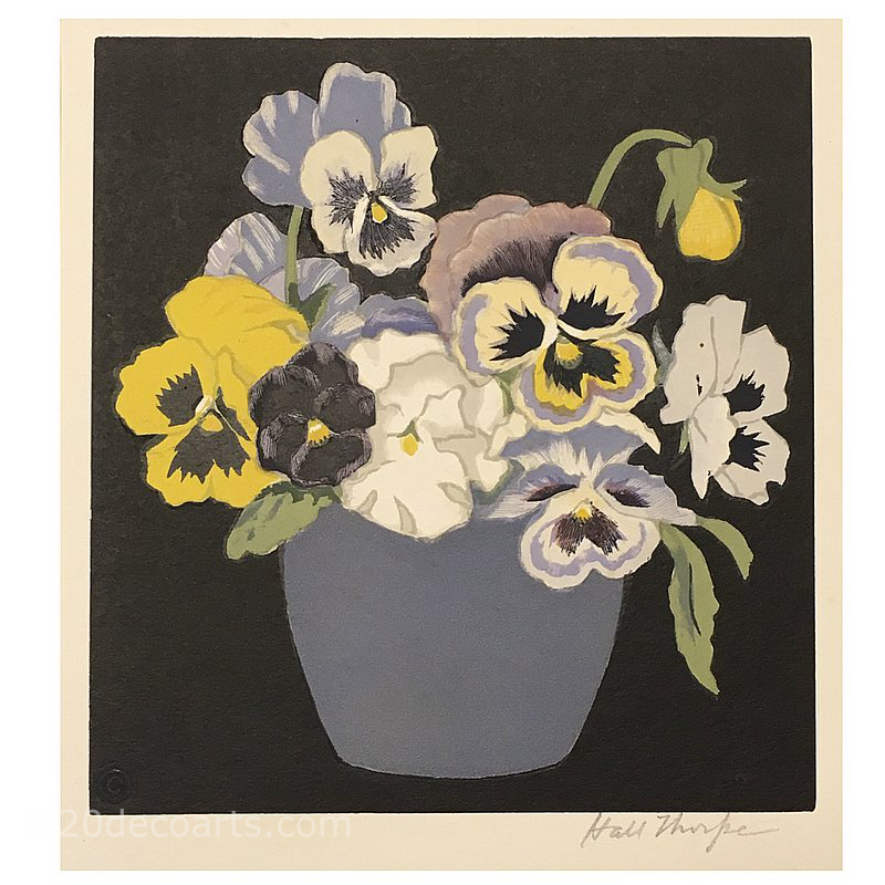 John Hall Thorpe 1874 – 1947 Pansies, a coloured woodblock print Published in London c1920 