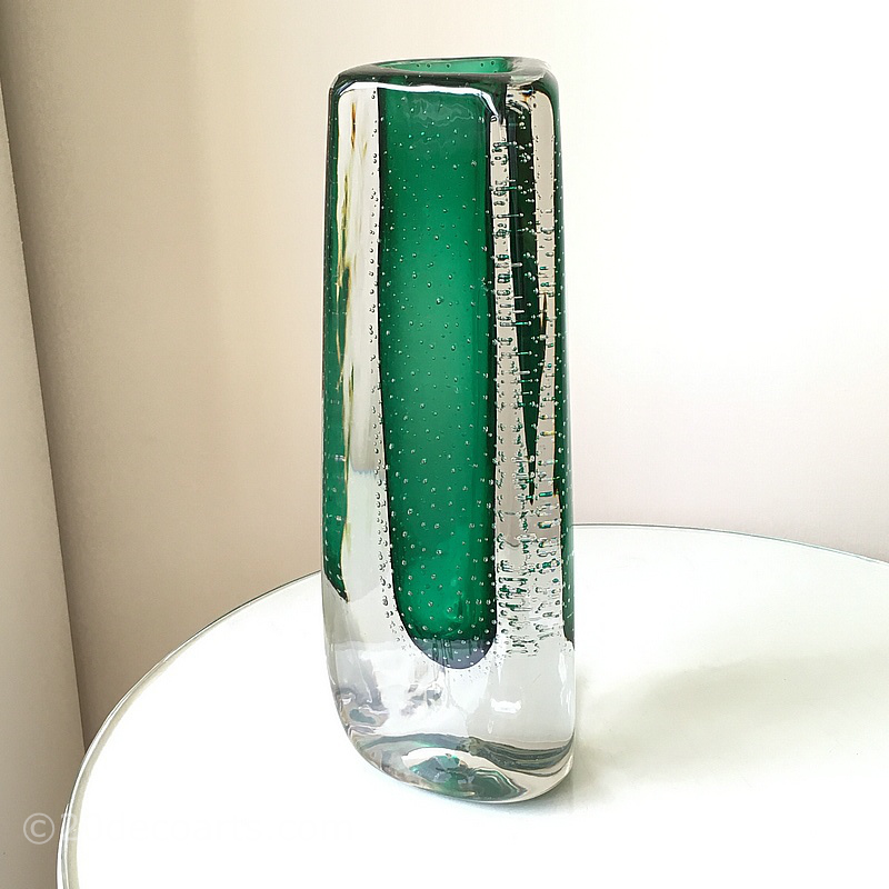 Theresienthal Glaswerks Massive Green Controlled Bubble Glass Vase c1970’s - The green glass encased in clear glass  