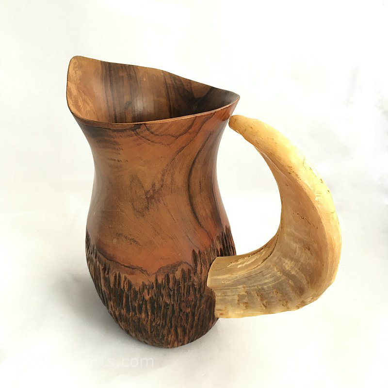 Olive wood jug with rams horn handle by A. Fernandez.
              Spain c1950s  