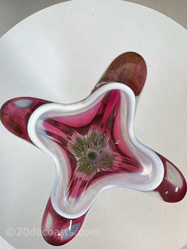 Josef Hospodka for Chribska Glassworks, Czechoslovakia c1960’s A sculptural vase, the opalescent white rim with pink and green