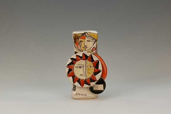 ☑️ 20th Century Decorative Arts |An Elio Schiavon hi-glaze figurative sculptural ceramic vase, Italy circa 1960. the body decorated in bright enamels and applied discs.