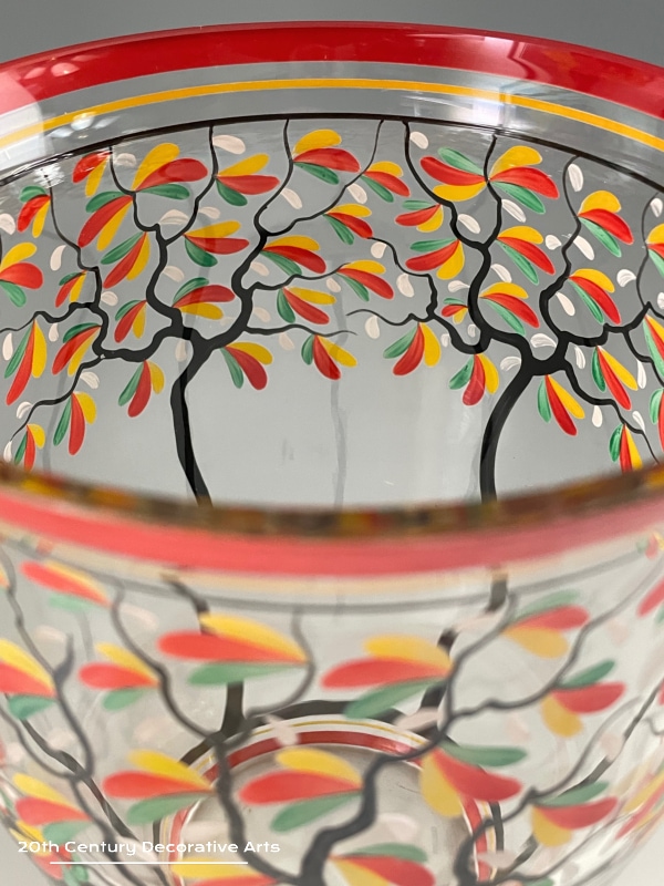  J van Kooten (attributed) An Art Deco Enamelled Glass Vase c1930 - the clear glass vase hand painted with a stylised band of trees in black, red, green and white enamel.    