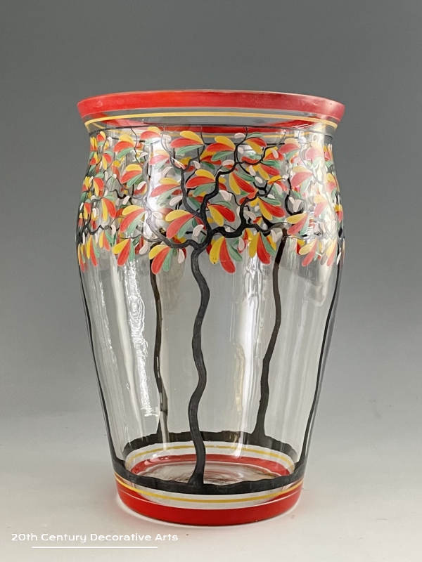   J van Kooten (attributed) An Art Deco Enamelled Glass Vase c1930 - the clear glass vase hand painted with a stylised band of trees in black, red, green and white enamel.    