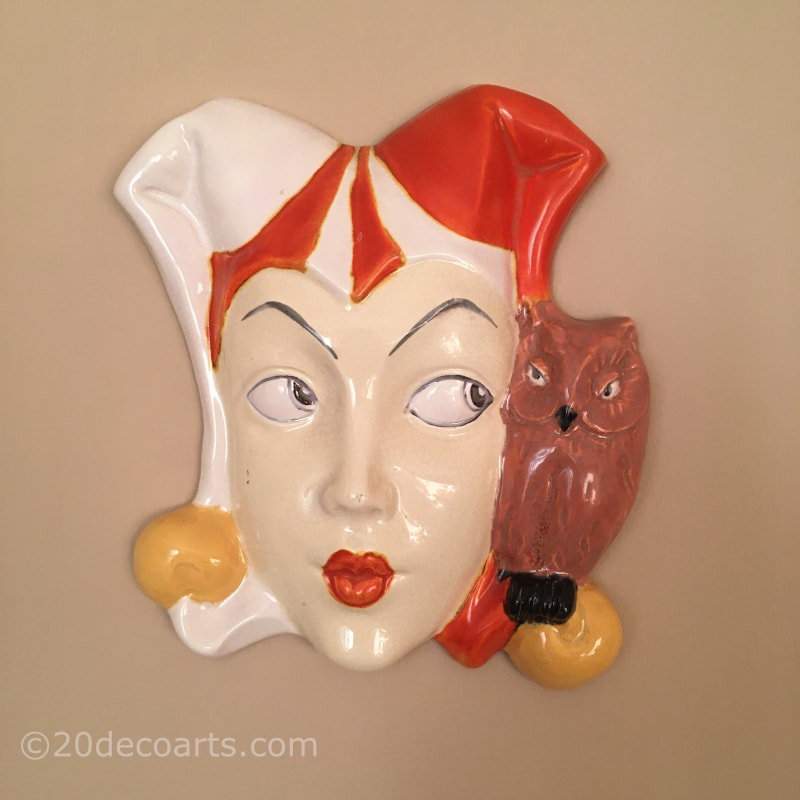 Royal Dux Art Deco Wall Mask c1930, representing a woman wearing a Jester’s hat with an Owl 