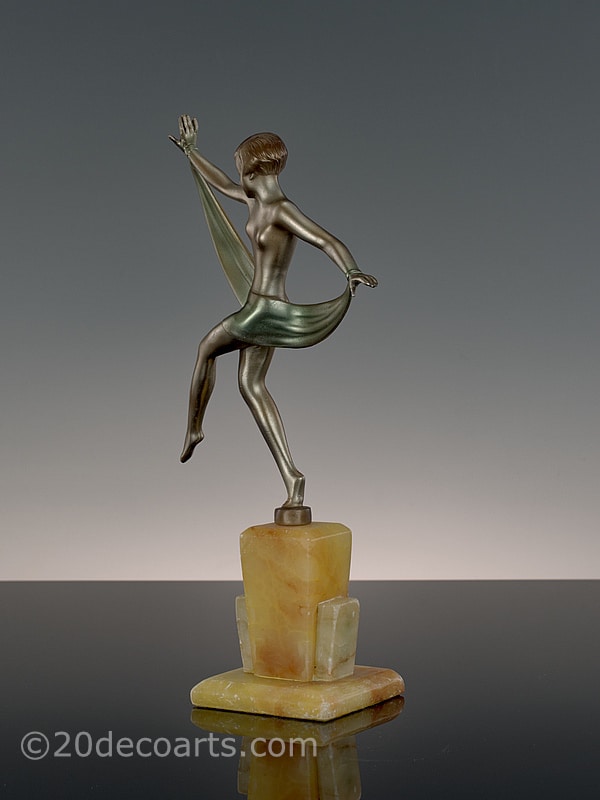   Art Deco spelter figure by Josef Lorenzl, Vienna Austria circa 1930 the young woman dancing with her scarf. . 