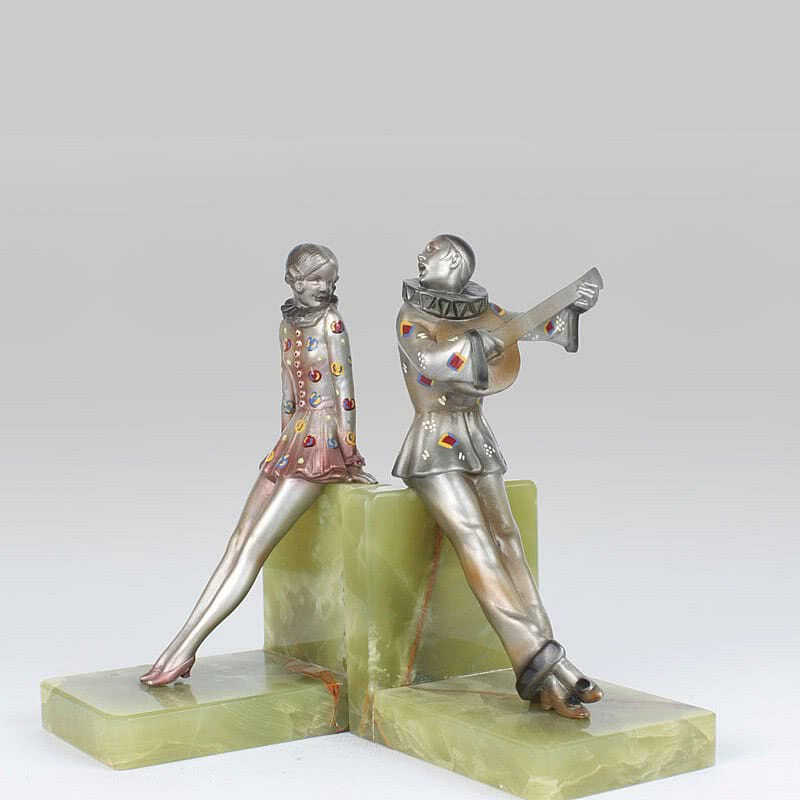  20th Century Decorative Arts |Rare Art Deco Austrian bronze bookends by Josef Lorenzl, the figures with enamelling by Crejo circa 1920s, depicting Pierrette and Pierrot,