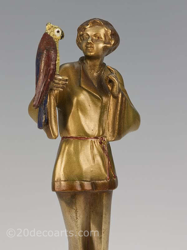  art deco bronze figure by Josef Lorenzl, Pyjama Girl with Parrot